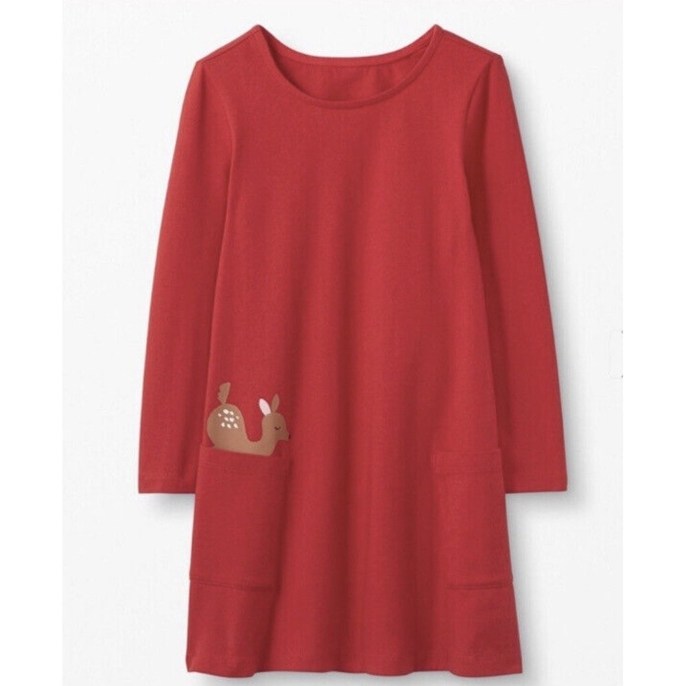 Hanna Andersson Peeking Deer Pocket Dress Womens Size 8 Red Woodland Cotton